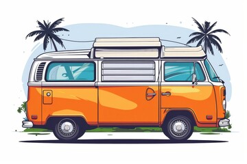 Wall Mural - Retro Orange Van with Surfboard by the Beach