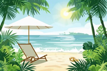 Poster - Beach with Lounge Chairs and Umbrella by the Sea