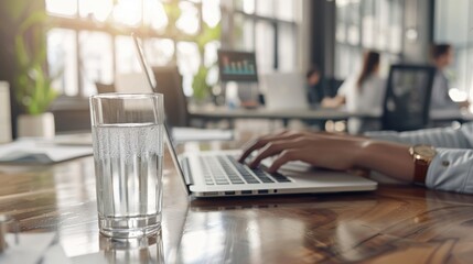 Wall Mural - The laptop and water glass