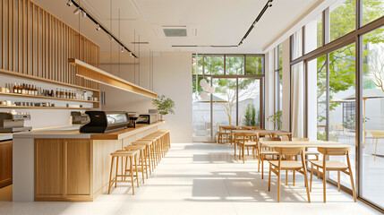 Minimalist café design with natural light, wooden elements