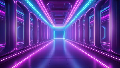 Wall Mural - Generative AI illustration of abstract background of futuristic corridor with purple and blue light