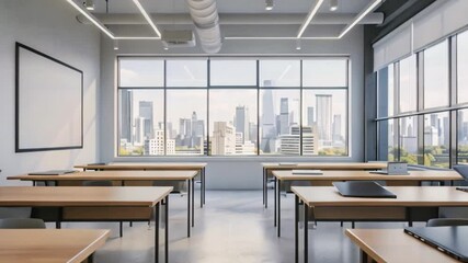 Poster - A classroom with large windows overlooking a city skyline. The desks are empty and the room is brightly lit.