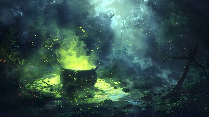 A witch s cauldron bubbling with green potion in a dark, mysterious forest