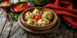 © Nadezda Ledyaeva - Combo of Veg steam momo and veg soup, Nepalese Traditional dish Momo stuffed with vegetables and then cooked and served with sauce over a rustic wooden background, selective focus