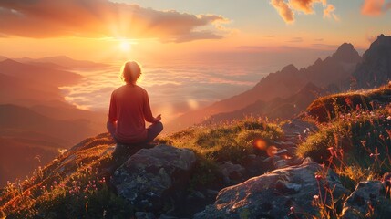 Poster - Meditating on a Mountaintop at Sunrise Embracing the Energy of New Beginnings