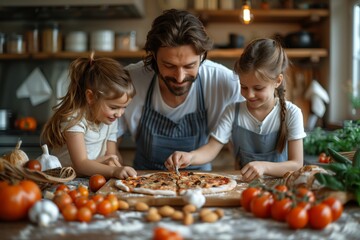 Wall Mural - Father and Daughters Sharing Homemade Pizza in a Kitchen