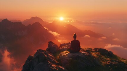 Poster - Peaceful Meditation at Sunrise on Misty Mountain Silhouette with Copy Space