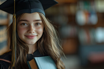 Wall Mural - Academic milestone, graduate girl in cap and gown with books in library