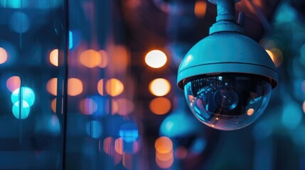 Poster - Blurred background with modern dome CCTV cameras, focus on digital surveillance