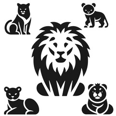 Wall Mural - Black and white vector silhouette of a cute Lion set isolated on white background	
