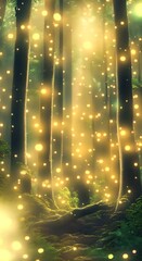 Wall Mural - Magical forest with glowing fireflies and light beams 4k animation