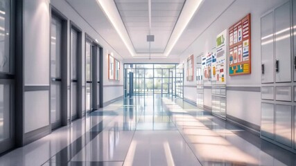 Poster - Long, empty school hallway with lockers on right wall, posters on left wall, and glass doors leading to outdoor area at end