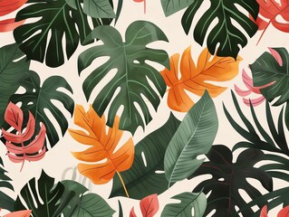 Colorful tropical leaves pattern with various green, orange, and pink botanical elements, perfect for backgrounds and design projects.