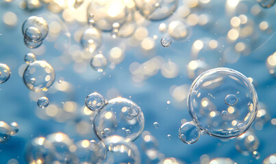 Wall Mural - oil bubbles floating against a light background. The bubbles are semi-transparent with a reflective quality