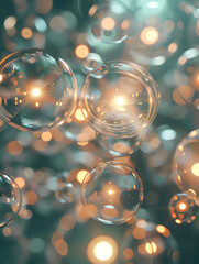 Wall Mural - oil bubbles floating against a light background. The bubbles are semi-transparent with a reflective quality