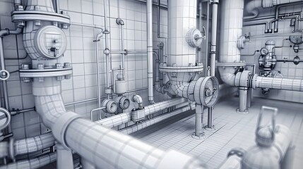 A white and blue industrial scene with pipes and machinery. The image is a computer-generated rendering of a factory