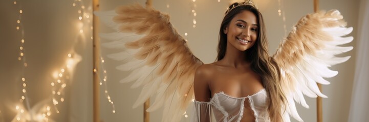 A smiling native american female holy angel in heavenly lingerie with a bright white golden glowing background, ai generated