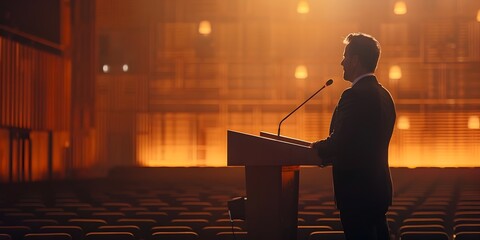 Wall Mural - Confident Business Executive Delivering Inspiring Keynote Address from Podium in Front of Audience