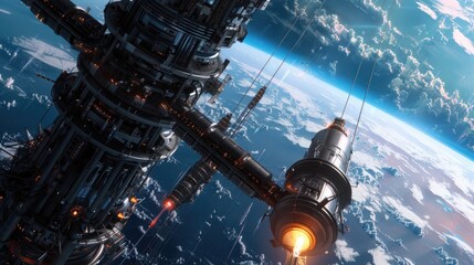 Wall Mural - A massive, futuristic space elevator reaching into the heavens.