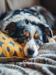 A black and white dog lying on a bright yellow pillow