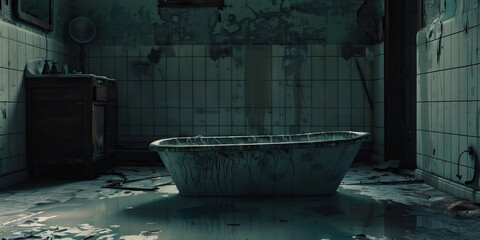 Fototapete - Drowning in Tears of Sorrow: A bathtub filled with murky water, stained by tears, stands empty in a dimly lit bathroom.