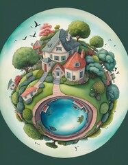 Wall Mural - beautiful artistic picture  - botanical art, little planet with plants, trees and houses - illustration