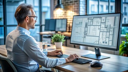 A person sits in an office and works at a computer, the image of project drawings is displayed on the monitor. High quality image