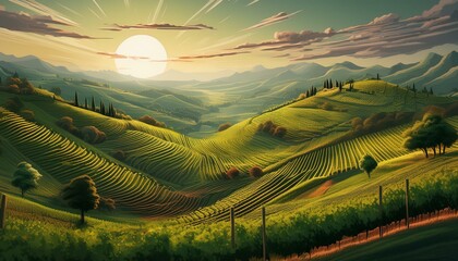 Wall Mural - landscape of region, vineyard in region, wallpaper vineyard in region, vineyard in the morning, vineyard in autumn, vineyard in region country, domaine viticole sur une colline vallonnée avec vignes e