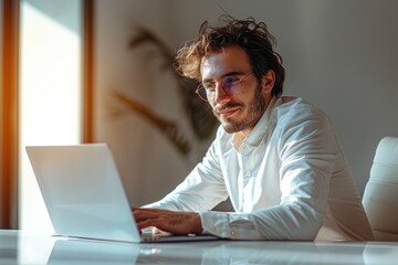 Poster - A young happy handsome businessman working with a laptop. Generative AI.