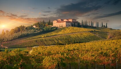 Wall Mural - landscape of region, vineyard in region, wallpaper vineyard in region, vineyard in the morning, vineyard in autumn, vineyard in region country, domaine viticole sur une colline vallonnée avec vignes e