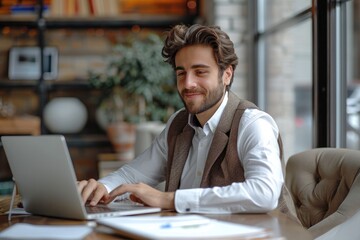 Aufkleber - A young happy handsome businessman working with a laptop. Generative AI.