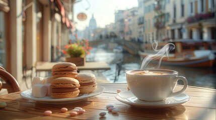 Coffee shop in an open terrace, 2 cups of coffee with gentle steam on the table, Next to the cup, place some appetizing macarons and marshmallows. Generative AI.