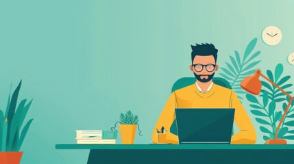 Poster - remote productivity, focused worker at home desk, flat design illustration