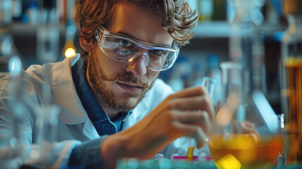Aufkleber - Focused male chemistry student mixing colorful reagents in a lab, his experiments creating a kaleidoscope of reactions. Generative AI.