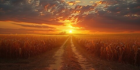 Canvas Print - Golden Sunset in a Wheat Field Landscape