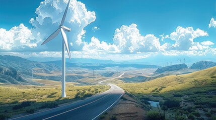 Poster - A wind power generation, highways, mountains, blue skies and white clouds. Generative AI.