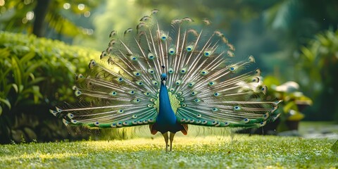 Poster - Magnificent Peacock Showcasing Colorful Feathers in Lush Garden Setting with Copy Space