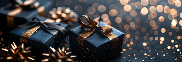 blue gift boxes with gold ribbon and glitter close-up in festive bokeh setting