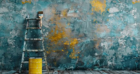 Poster - A Wooden Ladder Against a Teal Wall With Paint and Brush