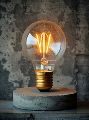 A Single Lit Incandescent Light Bulb Against A Grey Textured Wall