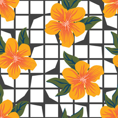 Canvas Print - Tropical orange flowers form a seamless pattern with white background and black outline checkered mesh for fabrics, wrapping paper, decorative pillows. Vector.