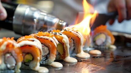 Wall Mural - A chef torching sushi rolls to prepare crispy salmon rolls with creamy sauce, modern Japanese fusion dish