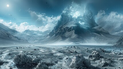 Poster - The aftermath of a trans dimensional detonation of earth elemental magic on a rocky highland landscape. Generative AI.