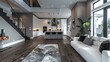 © visoot - Modern open concept living room with white cabinets, grey walls, and dark wood floors. Black and silver accents, staircase visible in the elegant space. Generative AI.