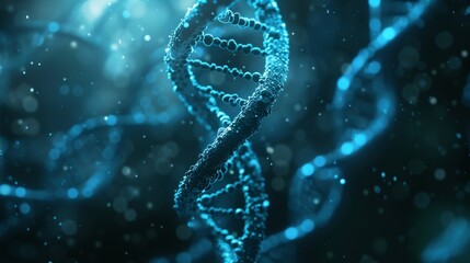 Sticker - 3D Render of Blue DNA Double Helix with Glowing Particles in Dark Background