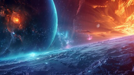 Wall Mural - a cosmic landscape with planets moons stars and nebulae