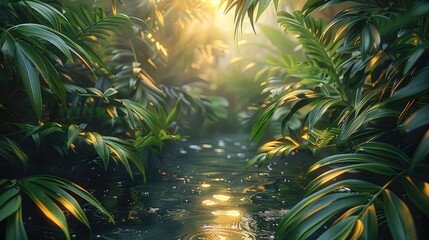 Poster - A early morning jungle with wet leaves, illuminated by the reflection of sunrise. Generative AI.
