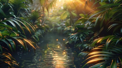 Poster - A early morning jungle with wet leaves, illuminated by the reflection of sunrise. Generative AI.