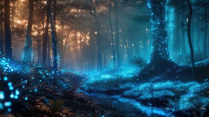 Poster - A beautiful bioluminescence Forest. Generative AI.