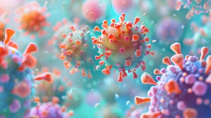 Poster - Colorful 3D Render of Viruses Floating in a Blue and Green Background